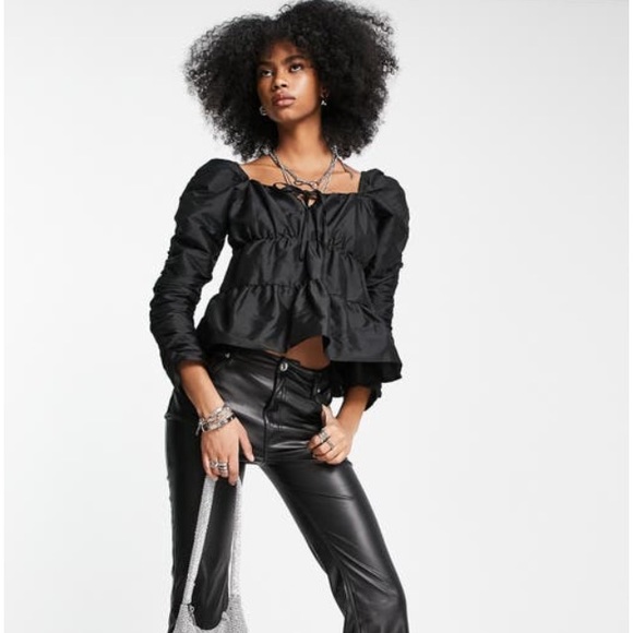 Topshop Black Taffetta Ruched Ruffle Top - Picture 2 of 7